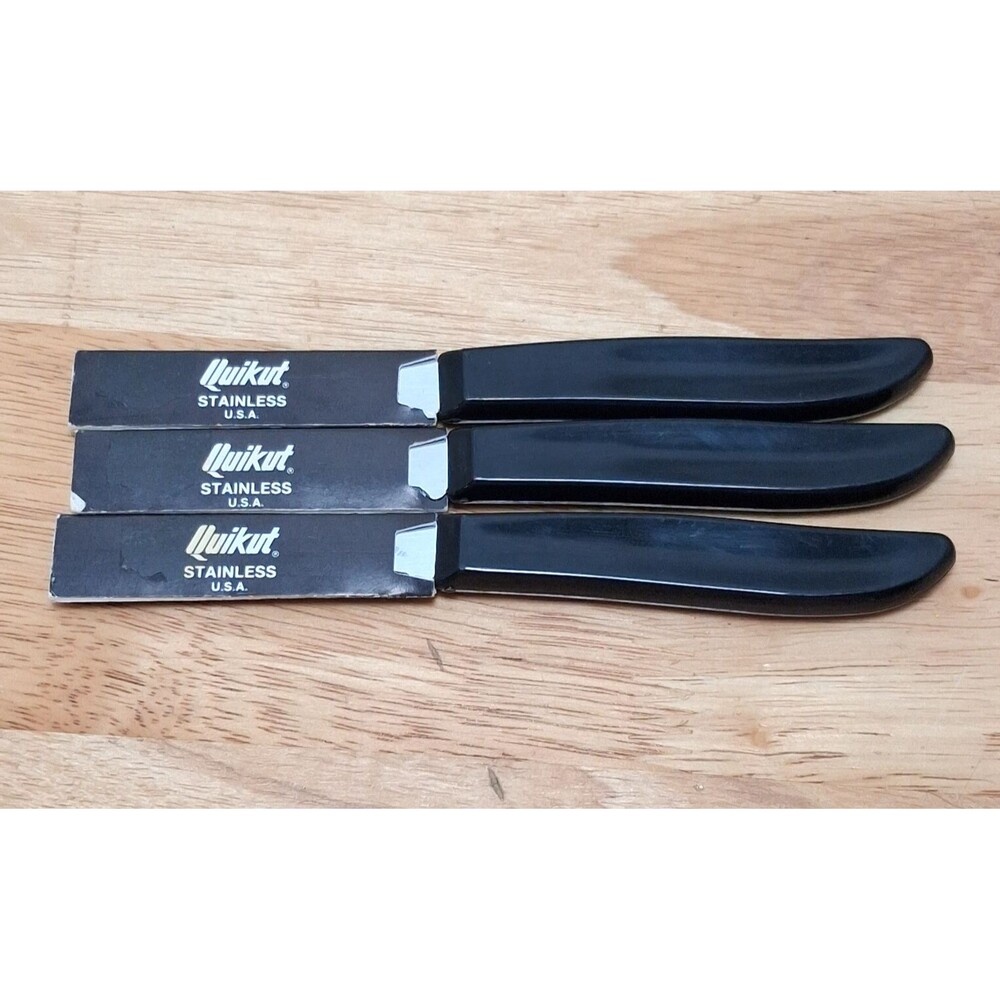 3 Vintage Quikut Paring Knife Stainless 6.25" (Blade 2.5") Black Handle USA Used